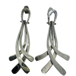 Vintage Sterling Silver Long Dangle Pierced Earrings Modernist  925